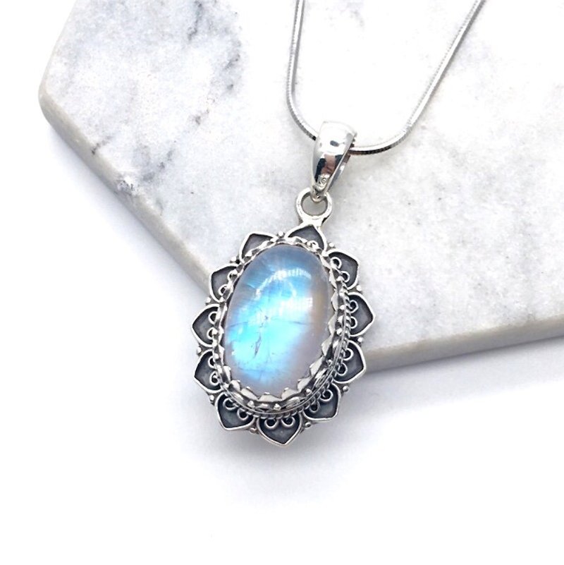 Moonlight stone 925 sterling silver oval heavy industry classical style necklace Nepal handmade mosaic production (style 5)