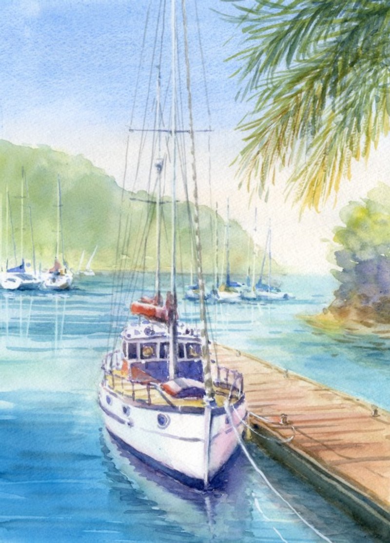 Made to order Watercolor painting Original painting Yacht rest - โปสเตอร์ - กระดาษ สีน้ำเงิน