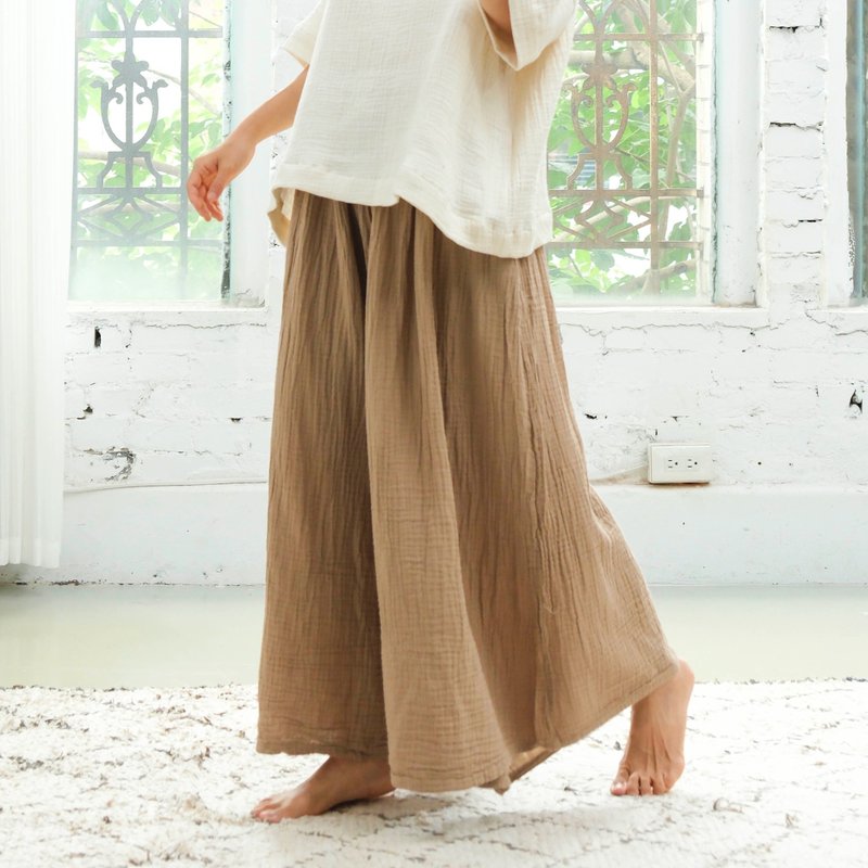 Loose wide pants/double-layer gauze milk tea - Women's Pants - Cotton & Hemp Khaki