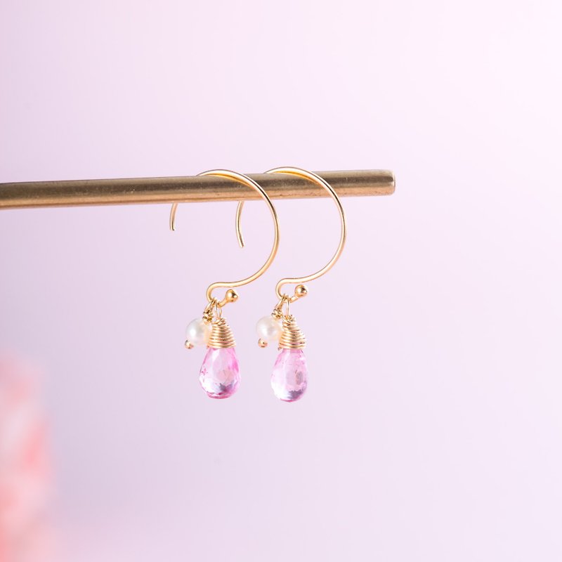 托帕石珍珠14KGF耳環 | 14K包金粉紅色天然水晶925純銀耳夾 - 耳環/耳夾 - 寶石 藍色