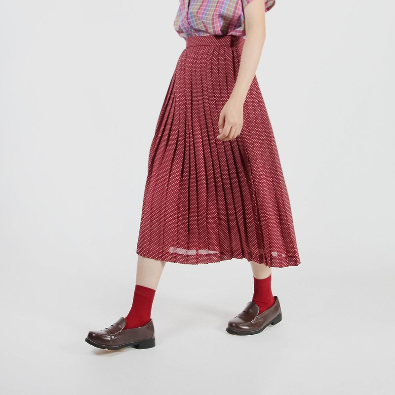 [Egg Plant Vintage] Red Bean Dot Print Pleated Skirt - กระโปรง - เส้นใยสังเคราะห์ สีแดง
