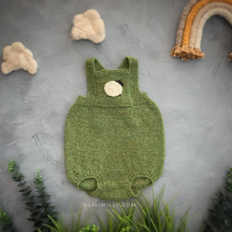 Sheeps romper, hand knitting baby romper, organic, alpaca, kisd, Sheeps - ชุดทั้งตัว - ขนแกะ สีเขียว