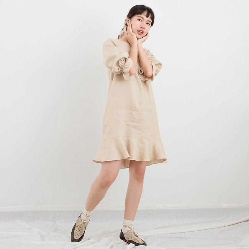 Beige Trumpet Linen Dress - One Piece Dresses - Linen Khaki