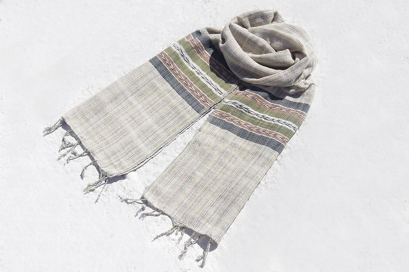 Christmas gifts Christmas gifts exchange gifts handmade limited edition a hand-woven pure cotton scarves / hand-woven scarves / hand-knit scarves / plant stained silk scarf - rice gray colored fringed tassels - Scarves - Cotton & Hemp Multicolor