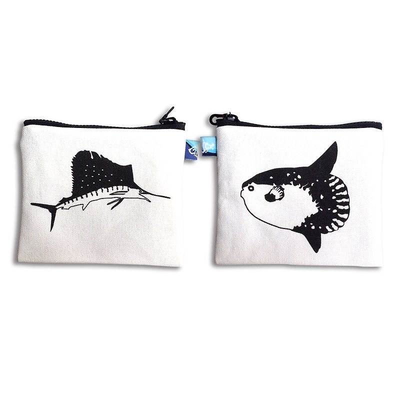 Design No.OSML149 - 【Ocean Sunfish X Marlin】Two-Sided Purses - กระเป๋าใส่เหรียญ - ผ้าฝ้าย/ผ้าลินิน ขาว