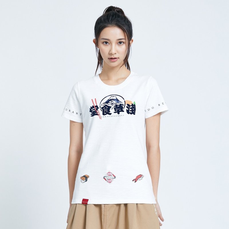 江戶勝 日系 淺草食堂 LOGO 短袖T恤-女裝 (米白色) #上衣 - 女 T 恤 - 棉．麻 白色
