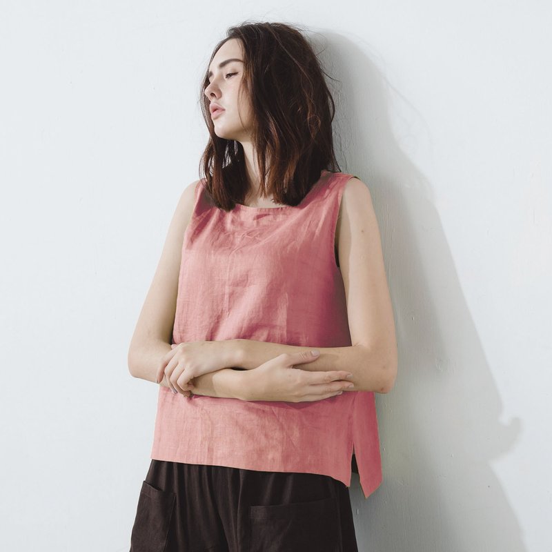 橢領背心 - 粉橘紅 - 背心/無袖上衣 - 棉．麻 粉紅色