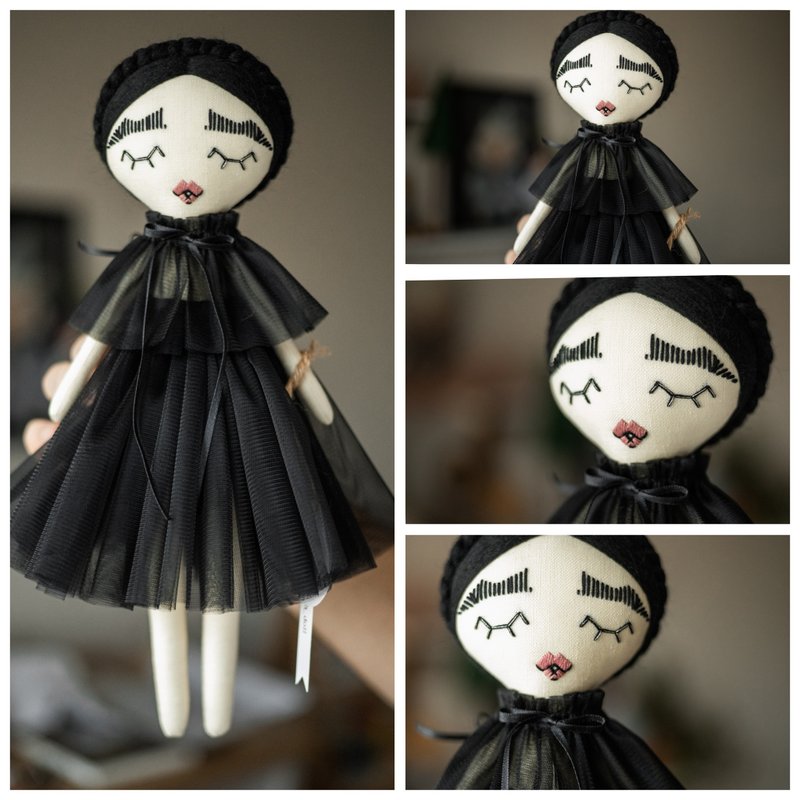 Handmade rag doll with black hair / Interior nursery decor / Custom art doll - 玩偶/公仔 - 其他材質 黑色