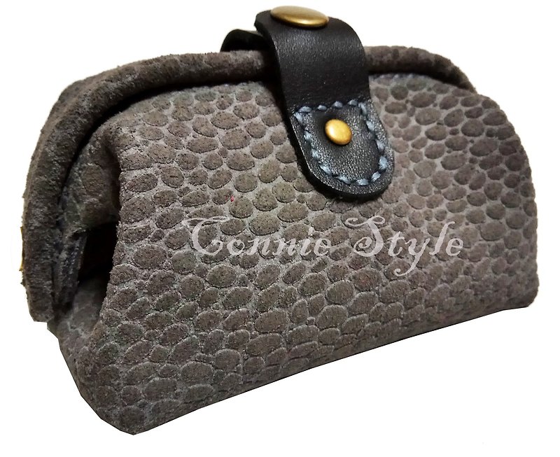 Gray leather embossed mini mouth gold purse - กระเป๋าใส่เหรียญ - หนังแท้ สีเทา