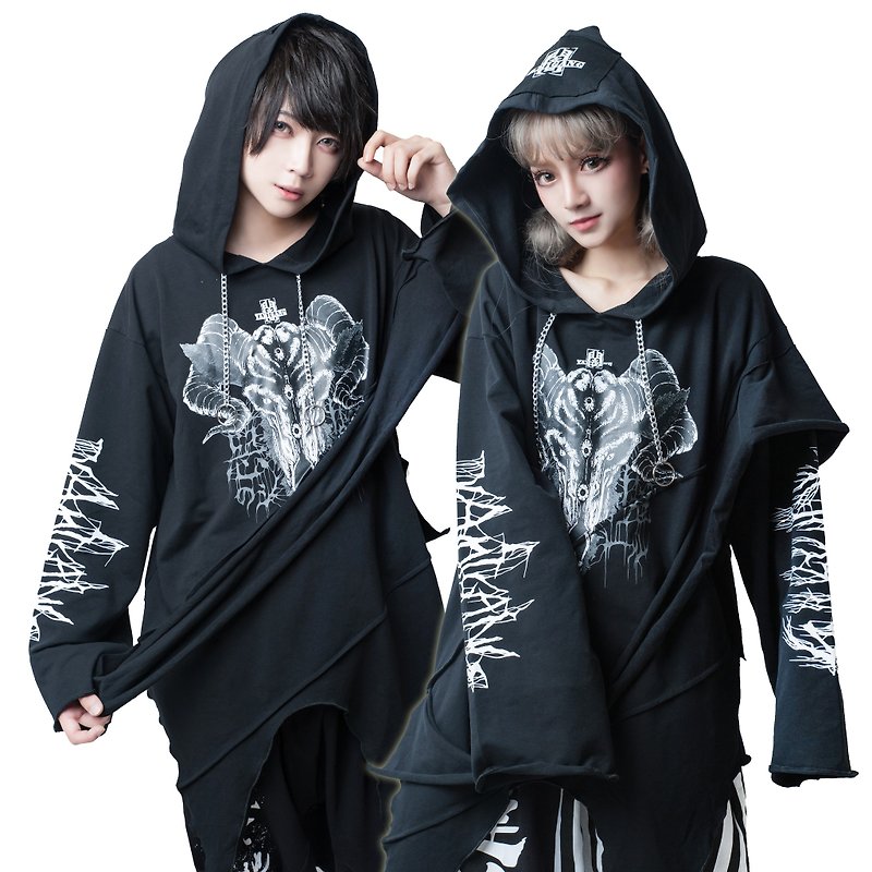 Punk visual rock satan requiem asymmetrical unraveling hem hoodie【JAG0088】 - Unisex Hoodies & T-Shirts - Cotton & Hemp Black