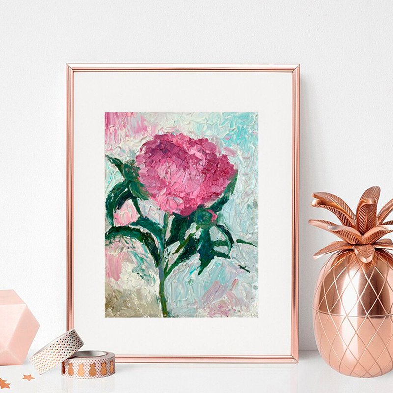 Pink Peony original painting flower small art - 海報/掛畫/掛布 - 其他材質 紫色