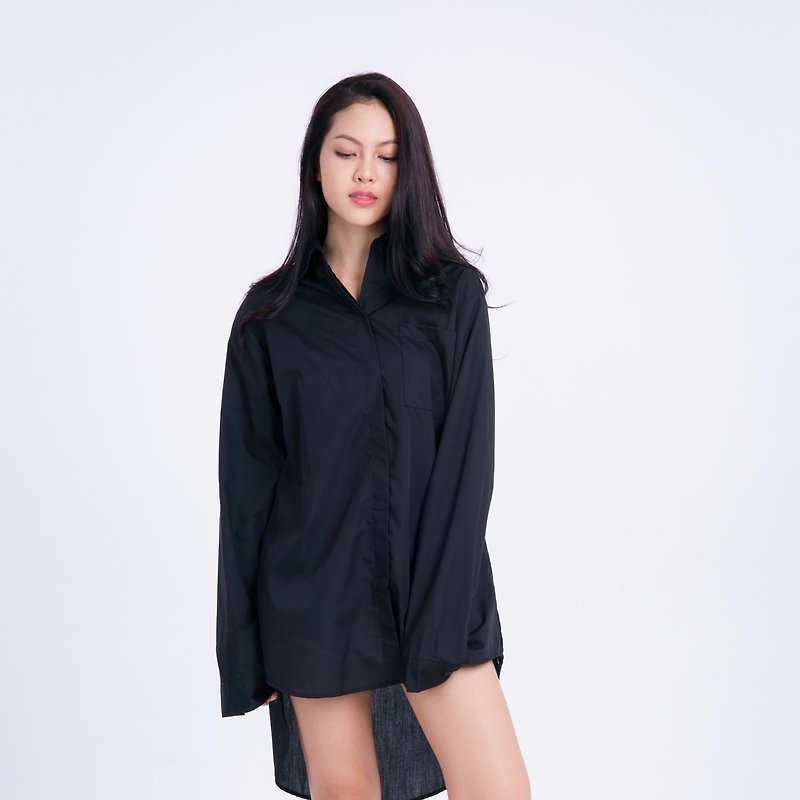 【Off-season sale】【換季特賣】Long-Sleeve Shirt In Black Color - Women's Shirts - Other Materials Black