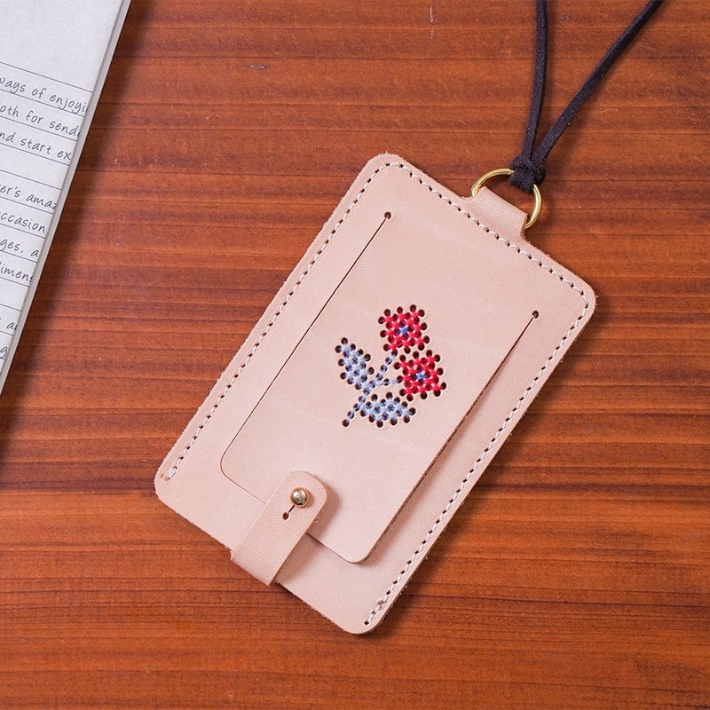 【Red Flowers】ID Case - Cross Stitch Kit | Xiu Crafts - Knitting, Embroidery, Felted Wool & Sewing - Genuine Leather Multicolor