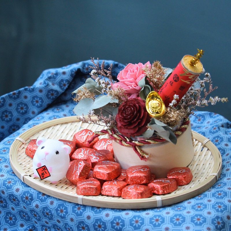 鼠來寶糖果盤-乾燥花-春節花禮 - 乾花/永生花 - 植物．花 紅色