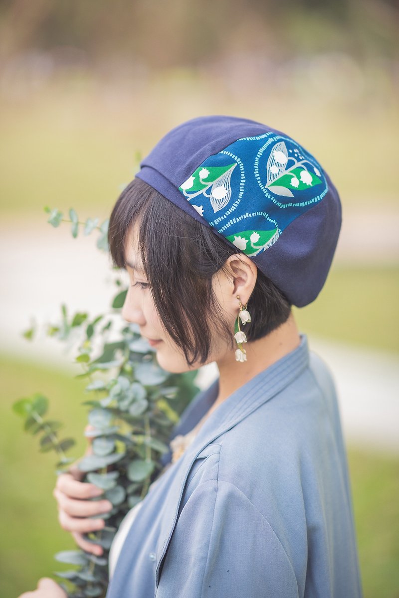 [Lily of the valley] Hand-printed beret/beret/painter hat - หมวก - ผ้าฝ้าย/ผ้าลินิน สีน้ำเงิน