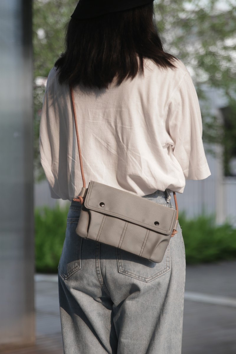 Eco-friendly nylon with leather rope mini side bag oblique back mobile phone bag shoulder small square bag/crossbody bag high-grade gray - Messenger Bags & Sling Bags - Nylon Silver