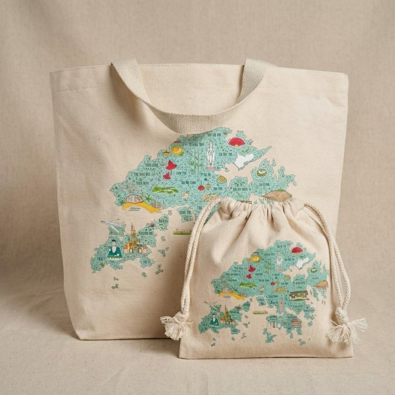 HK Map Canvas Bag Bundle Offer - Toiletry Bags & Pouches - Cotton & Hemp Multicolor