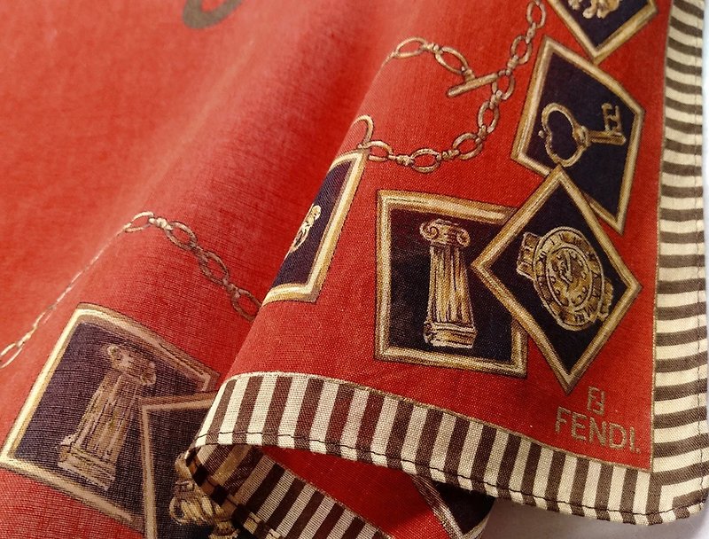 FENDI Women Vintage Handkerchief Antique Jewel 18 x 17.5 inches - Handkerchiefs & Pocket Squares - Cotton & Hemp Red