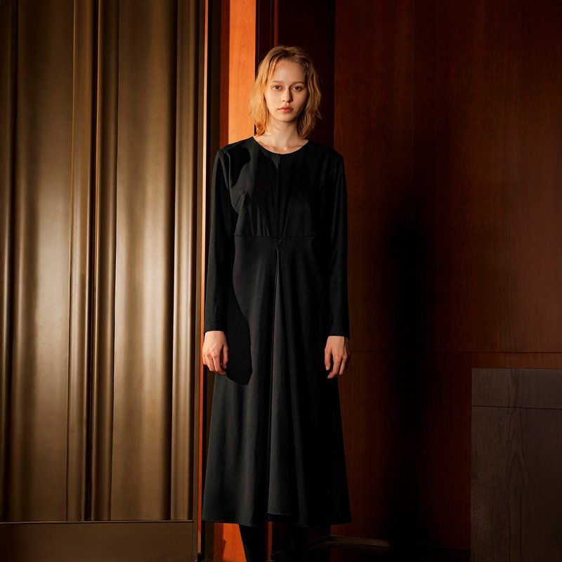 垂墜感抓褶洋裝 - 洋裝/連身裙 - 其他材質 黑色