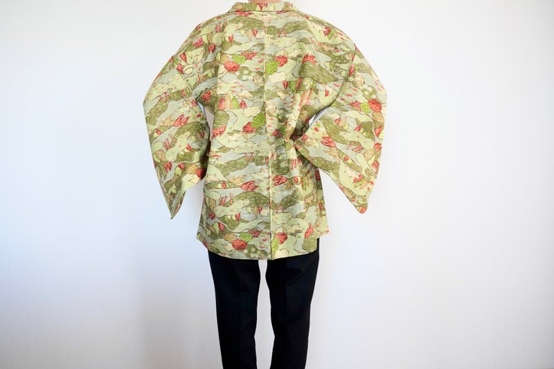 Green kimono, Japanese landscape kimono, vintage kimono jacket, Japanese kimono - Women's Casual & Functional Jackets - Polyester Green