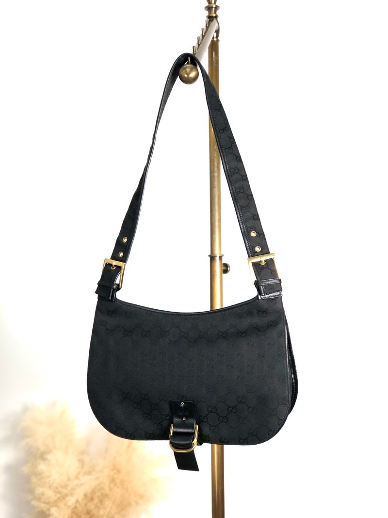 【 日本直送　名牌中古包 】GUCCI グッチ GGキャンバス ショルダーバッグ ブラック キャンバス vintage ヴィンテージ オールド p4jxj7 - ショルダーバッグ - コットン・麻 ブラック