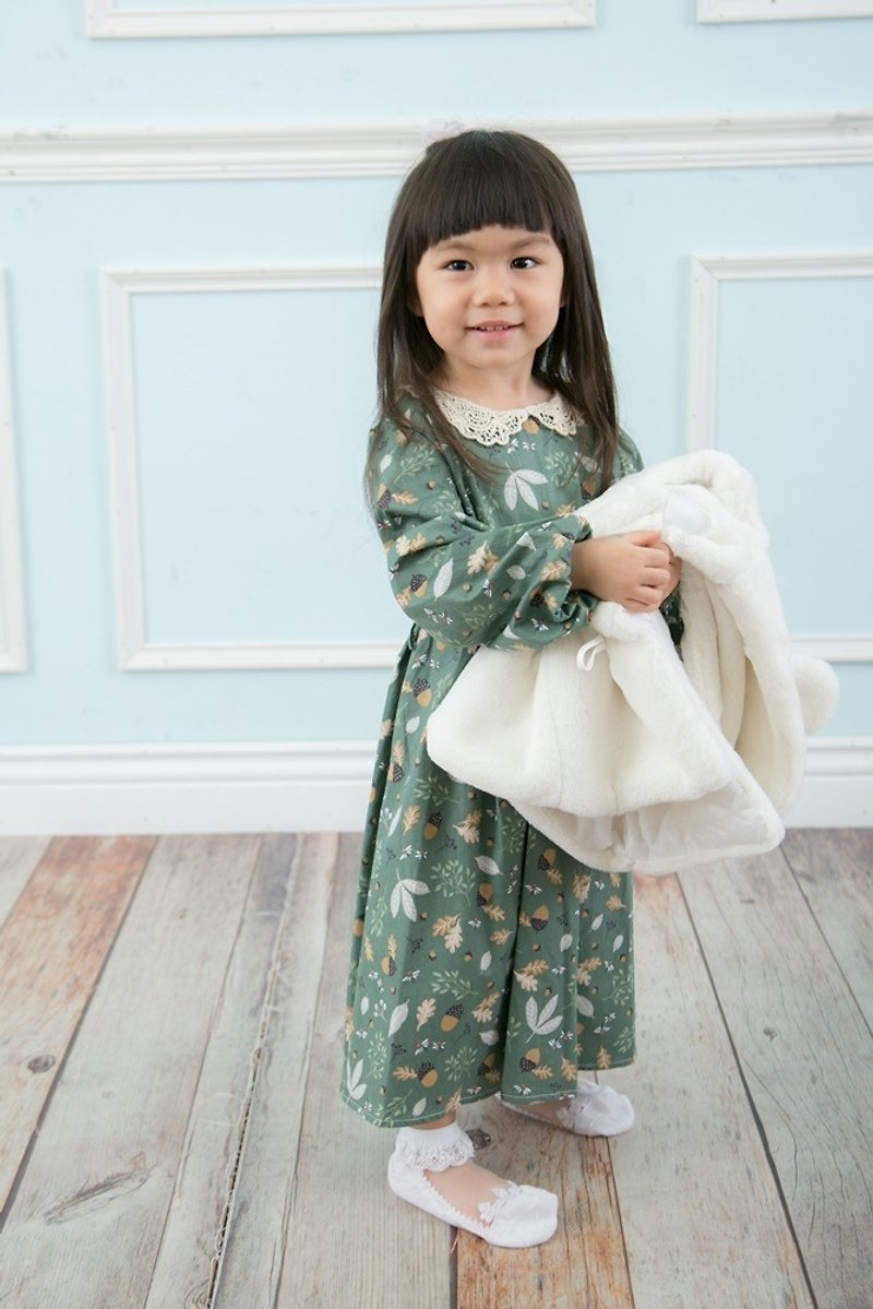 Cutie Bella鏤空蕾絲領 長袖縮口 綁帶印花洋裝 深綠底橡果樹葉 - 童裝禮服 - 棉．麻 綠色
