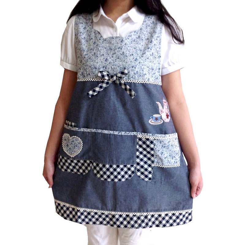 [BEAR BOY] Japanese style three-pocket apron-tea time-blue - Aprons - Other Materials 