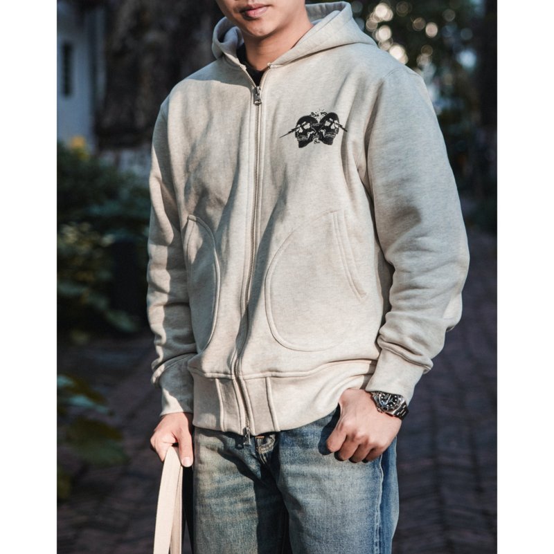 復古拉鍊棉質外套 拳擊印花 純棉舒適 黑灰兩色 美式復古 衛衣 - 男夾克/外套 - 棉．麻 白色