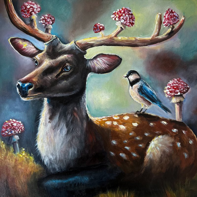 Deer canvas painting, Deer wall decor, Reindeer wall art, Animal decor, Stag art - 壁貼/牆壁裝飾 - 棉．麻 多色