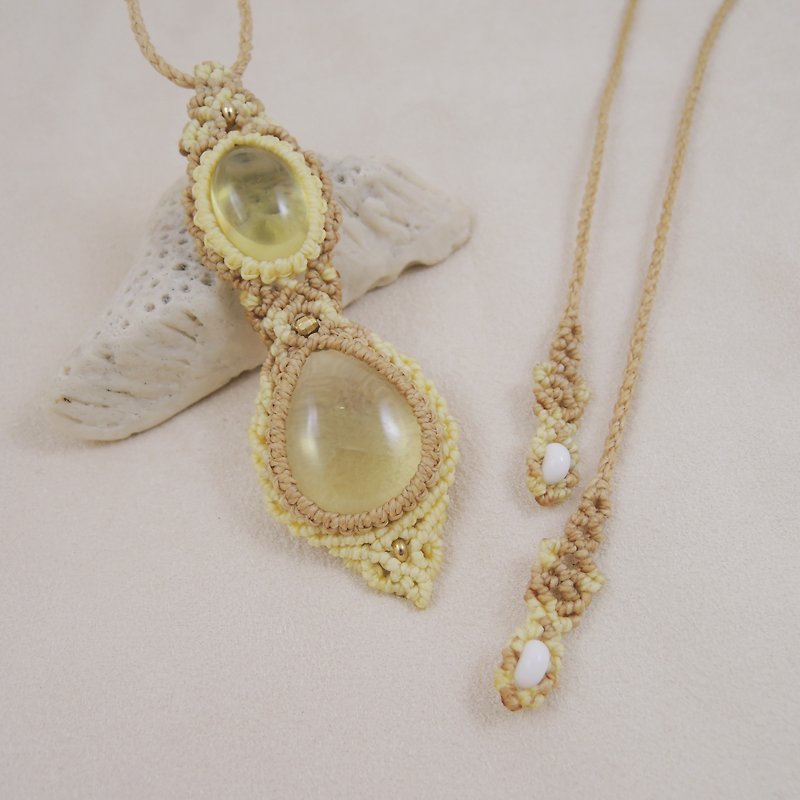Lemon crystal long chain / natural stone x Brazilian silk Wax thread necklace - สร้อยคอ - เครื่องเพชรพลอย สีเหลือง