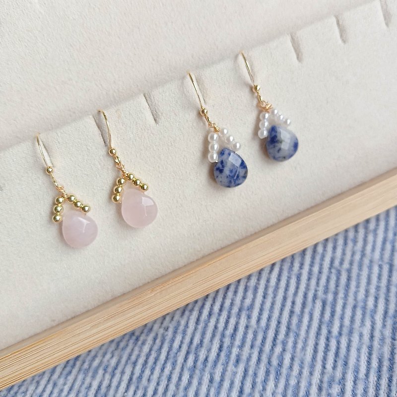 14K ear hook/ Clip-On/ natural stone/ blue point Stone/ pink crystal/ basic model - Earrings & Clip-ons - Gemstone Blue