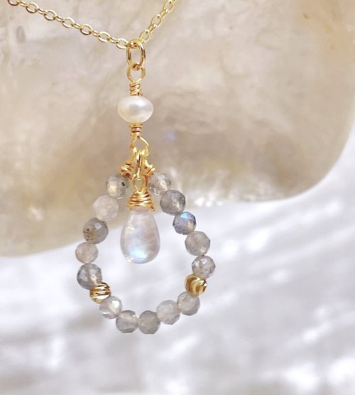 Ariel crystal艾莉兒手作*//飾品吊飾/水晶飾品/永生花 愛情//拉長石/水滴月光石/淡水珍珠/14K保色水晶項鍊