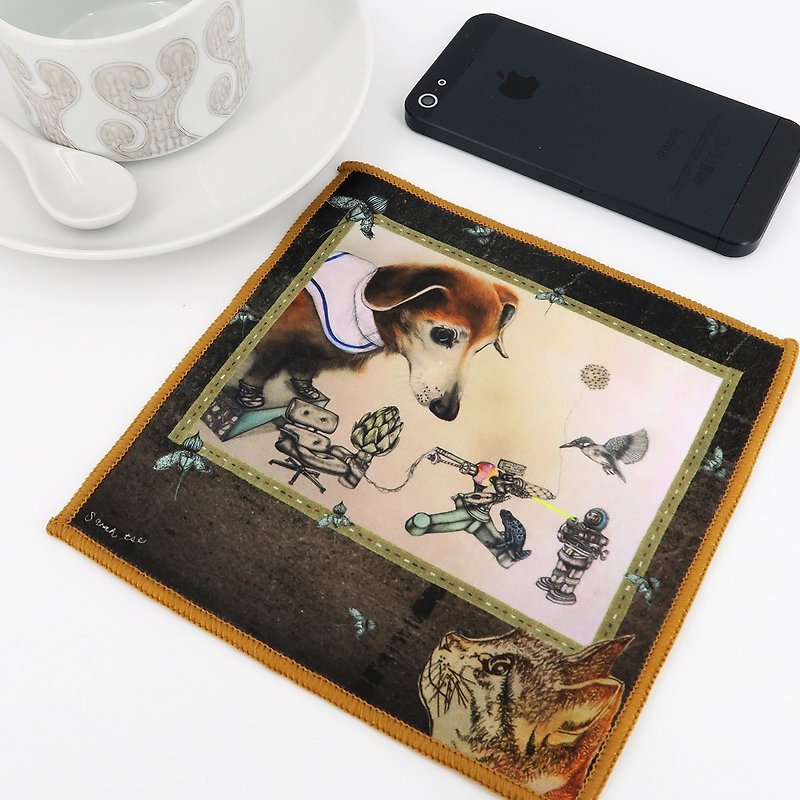 Cat & Dog by Sarah Tse canvas handkerchief - Handkerchiefs & Pocket Squares - Cotton & Hemp Brown
