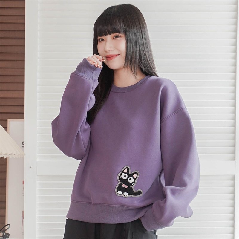 Little black cat fur embroidered cloth patch brushed loose style college T/casual top [91000502] - Unisex Hoodies & T-Shirts - Cotton & Hemp Purple