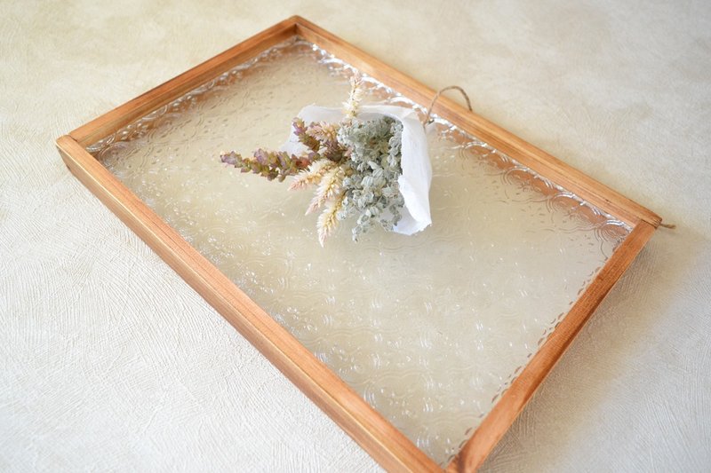 0310mito 日本産ひのきとレトロガラスのシンプルカフェトレイ　花柄フローラガラス - 其他家具 - 玻璃 咖啡色