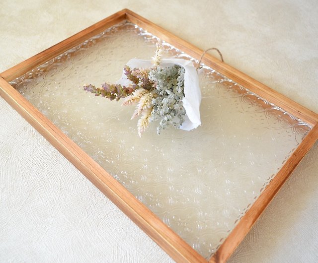 花柄フローラガラスのトレイ 木製 日本産ひのき レトロガラス - ショップ 0310mito 置物 - Pinkoi