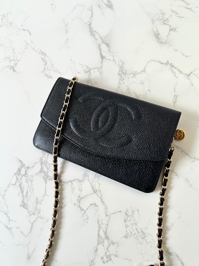 [LA LUNE] Second-hand Chanel black caviar leather WOC handbag side crossbody long clip shoulder bag - กระเป๋าแมสเซนเจอร์ - หนังแท้ สีดำ