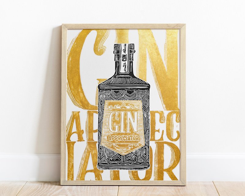 Linocut print Gin appreciator Original artwork Modern alcohol wall art Holiday - Posters - Paper Gold