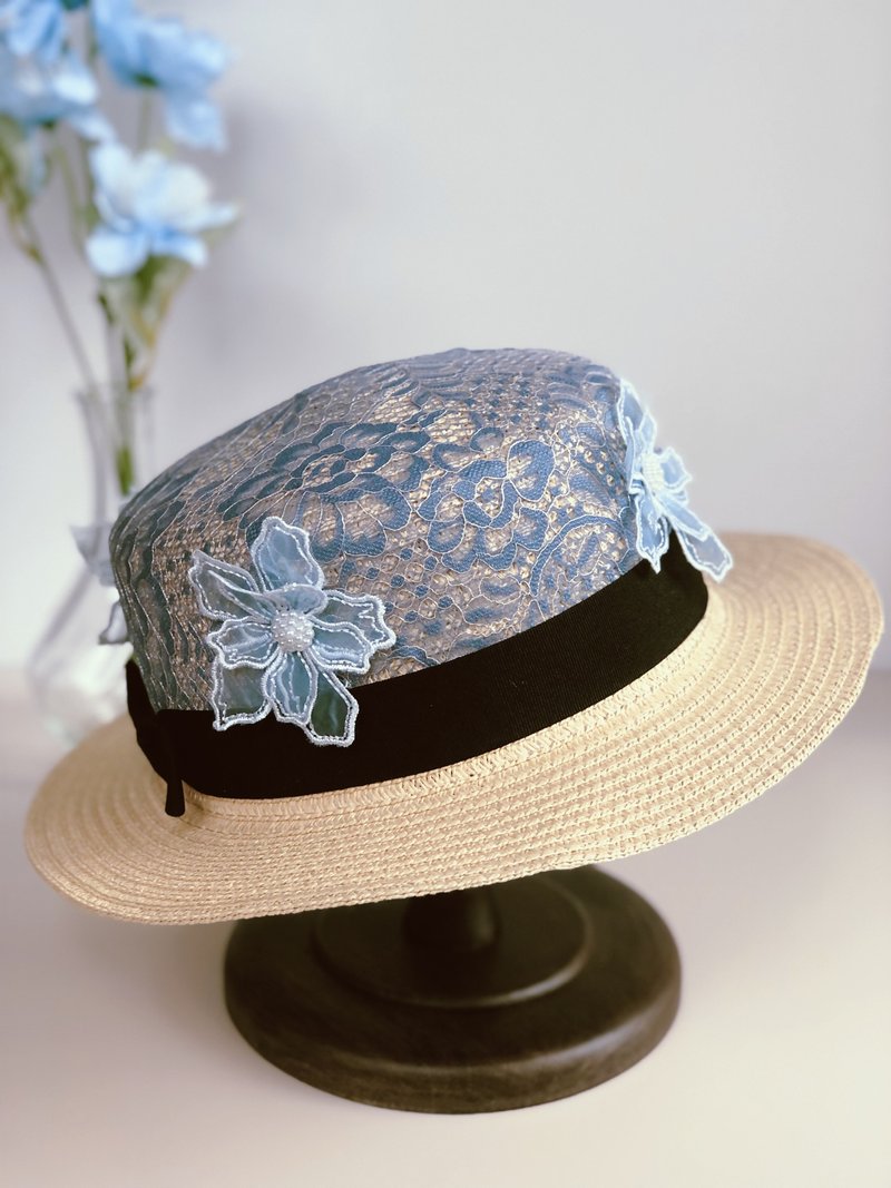 原創藍色蕾絲田園風帽子 - 帽子 - 其他材質 藍色