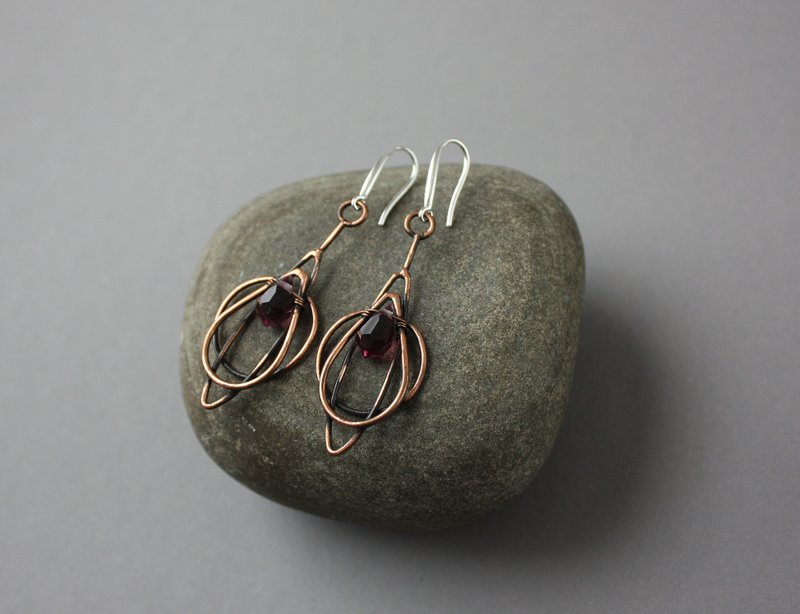 Long Copper Wire Wrapped Earrings with Czech Crystal, Silver-Plated Earwires - 耳環/耳夾/耳骨夾 - 銅/黃銅 