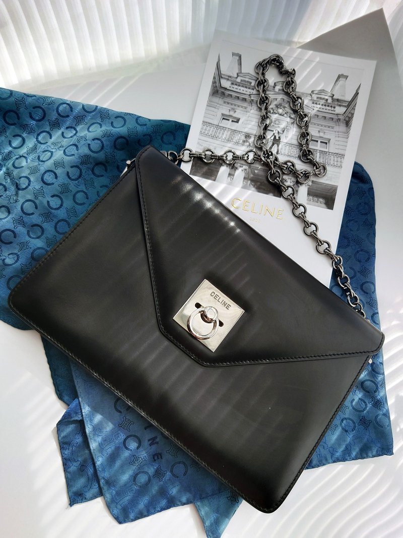 中古美品 CELINE 黑銀環扣鏈條包斜揹包斜挎包手拿包側背包單肩包 - 側背包/斜背包 - 真皮 黑色