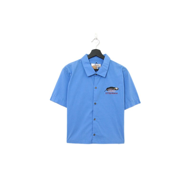 Back to Green-再製短版刺繡襯衫 海軍藍 dv-44//vintage shirt - 女襯衫 - 棉．麻 