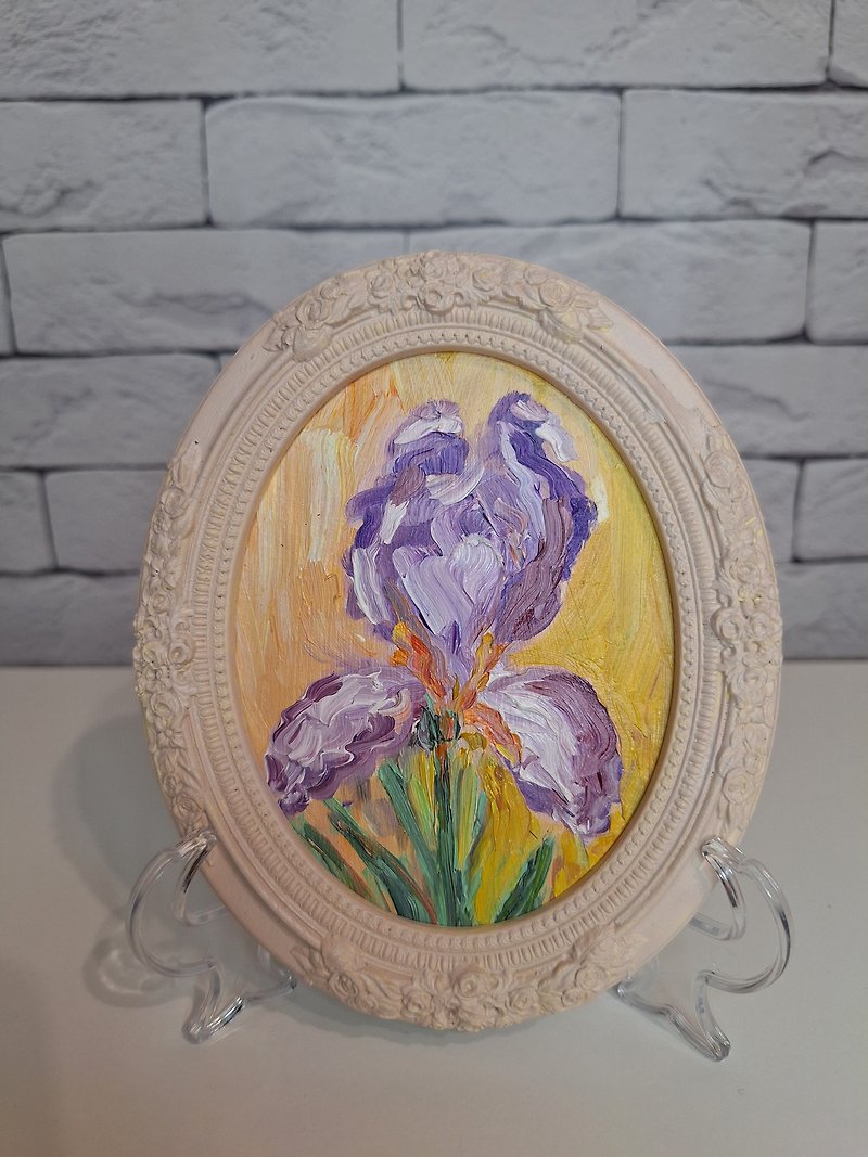 Iris oil painting in Vintage frame Handmade | 鳶尾花油畫 - โปสเตอร์ - ไม้ สีเหลือง
