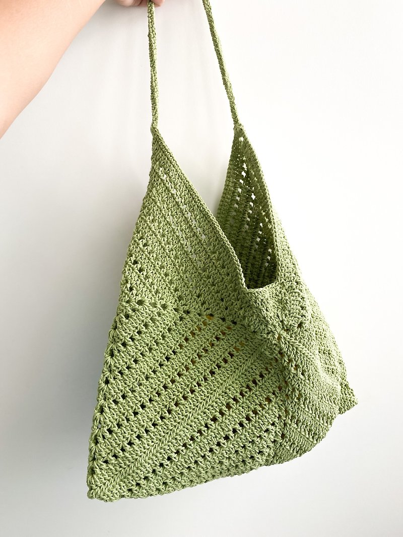 triangle pattern crochet bag, crochet bag, knit bag, pattern, tote bAg,beach bag - กระเป๋าถือ - ผ้าฝ้าย/ผ้าลินิน สีเขียว
