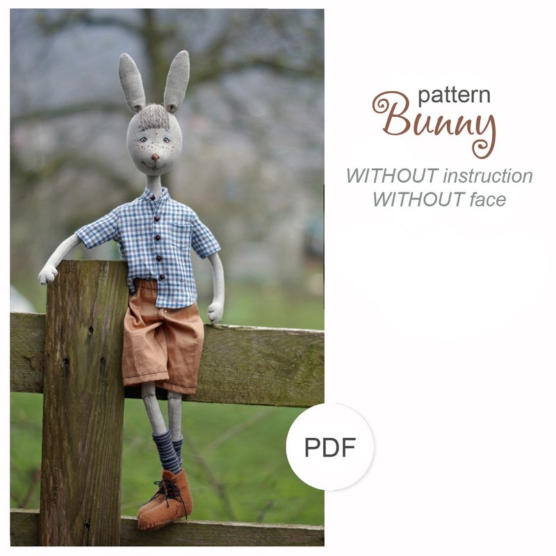 Doll rabbit pattern without instruction, soft rabbit doll DIY, digital pattern - 手工藝教學/工具書 - 其他材質 
