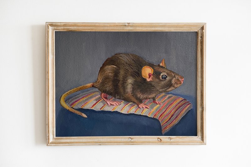 Mouse original art Animal Artwork Oil painting - Wall Décor - Cotton & Hemp Blue