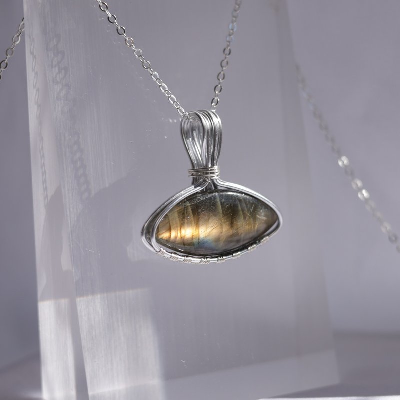 橘光拉長石金屬編織吊墜 拉長石 金屬編織 Labradorite 愛情之石 - 項鍊 - 半寶石 橘色