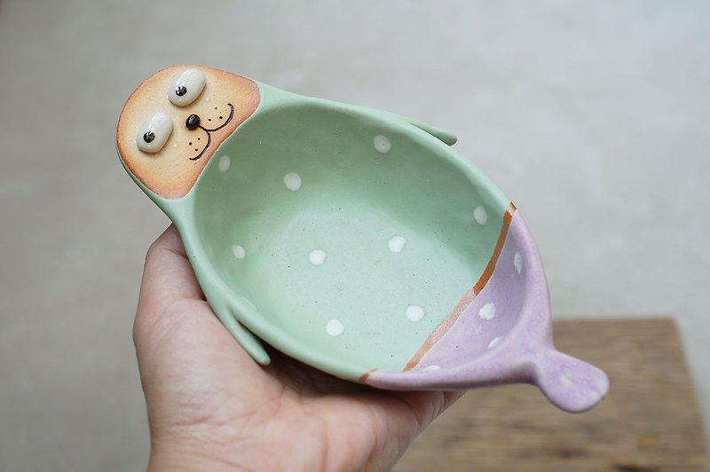 Sea lion bowl , handmade ceramic, pottery  ,clay , rainbow ,dot - Pottery & Ceramics - Pottery Multicolor