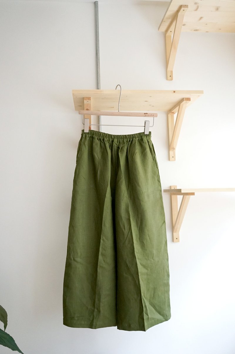 Fabric restocked in Xinhua series - comfortable green linen pocket wide pants - กางเกงขายาว - ผ้าฝ้าย/ผ้าลินิน 