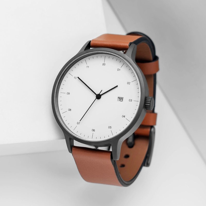 BIJOUONE彼樹灣B30深灰極簡設計男女款真皮表帶日歷防水精鋼手錶 - 女錶 - 不鏽鋼 灰色